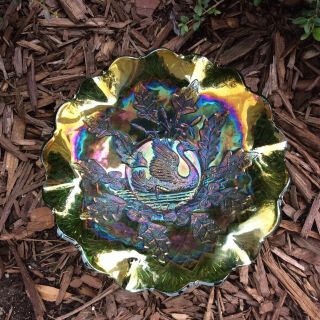 Millersburg Antique Carnival Glass Green Nesting Swan ruffled bowl Radium 6