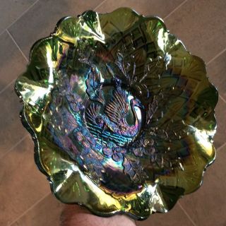 Millersburg Antique Carnival Glass Green Nesting Swan ruffled bowl Radium 7
