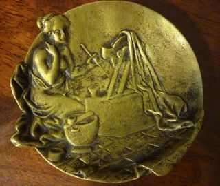 Vintage Solid Brass Copper Bronze Topless Lady Painting 10 Ounces 5 " X 5 " Dish