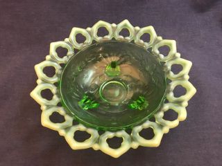 Vintage Green Art Glass Bowl Frosted 7 3/4 " Floral Pattern Opalescent Lime Dish