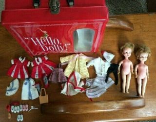 Vintage Penny Brite Dolls In A Hello Dolly Vinyl Case With Extra Clothes & Acc.
