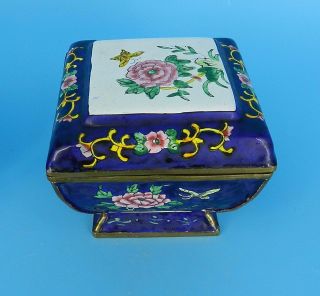 China Cloisonne Footed Lidded Dresser Trinket Box Rose Flower Design Butterfly