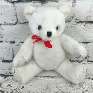 Vintage Pacific Craft Teddy Bear Plush White Classic Jointed Red Ribbon Soft Toy