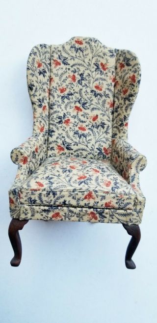 Vintage Blue And Burgundy Upholstered Wing Chair By J.  Szuba 1979