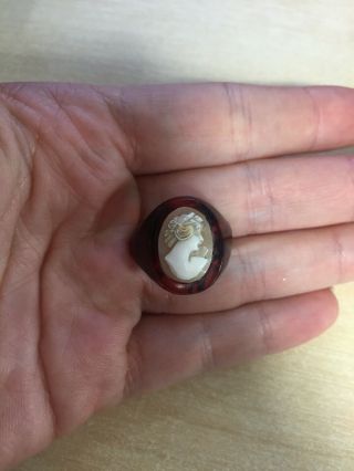 Vintage Real Shell Ladies Face Head Cameo Antique Tortoise Ring Lady Small Old