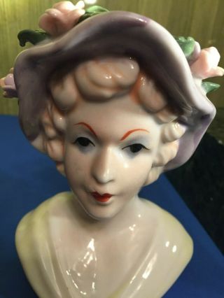 Vintage Luster Glaze Lady Doll Head With Floral Hat Vase Planter 5 " Tall