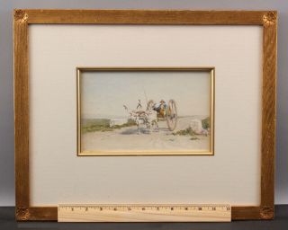 Small 19thc Antique Carl Rauch Watercolor Painting,  Italian Ox - Drawn Cart Farmer