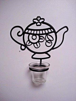 Vtg Black Teapot Scroll Wrought Iron Metal Wall Hanging Candle Holder Sconce