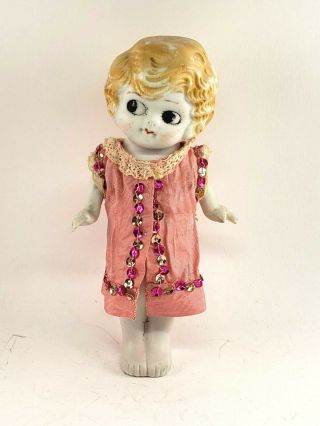 6.  5” Tall All Bisque 1920s Flapper Style Antique Doll Made In Japan