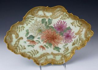 Antique Limoges France Floral Hand Painted Porcelain Gold Gilt Vanity Tray Rbw