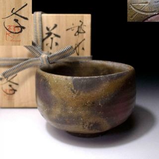 Ha15: Vintage Japanese Pottery Tea Bowl,  Bizen Ware With Signed Wooden Box