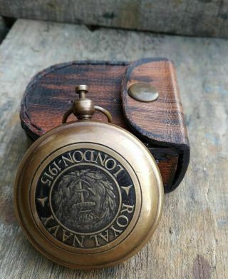 Handmade Solid Brass Vintage Push Button Pocket Lid Compass With Leather Case