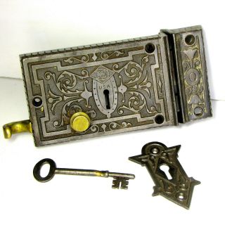 Antique Russell Erwin Cast Iron Door Rim Lock Skeleton Key Night Surface Latch