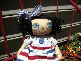 Primitive Raggedy Annie Patriotic Doll With Blue Eyes And Black Hair