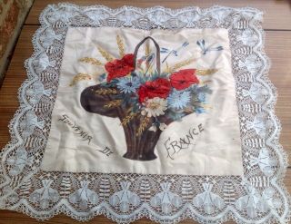 Antique Embroidered Silk Flower Souvenir De France Panel Lace Edged Ww1?