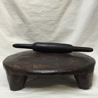 Antique Wooden Chakla Belan India Primitive Footed Bread Table Rolling Pin Roti