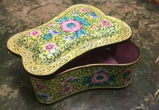 Vintage Chinese Box Canton Enamelled Brass Flowers Yellow Ground Pink Interior