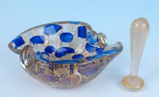 Vintage 1950s Murano Cobalt Gold Bubbles Glass Bowl Tamper Ashtray Barovier Toso