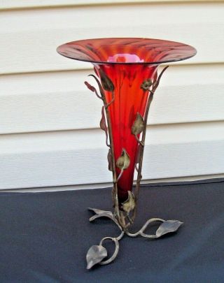 Antique Art Nouveau Italian Amberina Glass Vase W/ Metal Base Italy