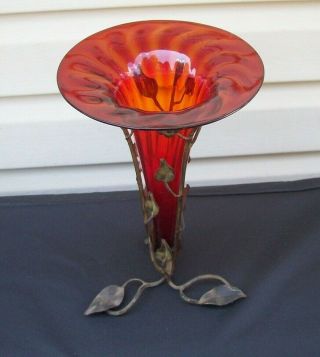 Antique Art Nouveau Italian Amberina Glass Vase w/ Metal Base Italy 2