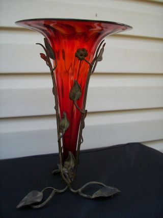 Antique Art Nouveau Italian Amberina Glass Vase w/ Metal Base Italy 5