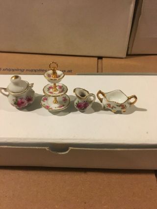 Vintage Miniature Dollhouse Tea Pot Milk Pot Holder And Cake And Candy Display