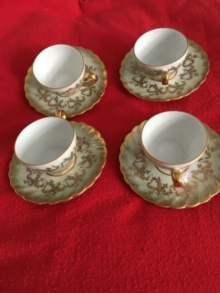 Antique Pm Of Germany Fine Porcelain Demitasse Set Of 4 Cups & Saucers,  Gold Rim