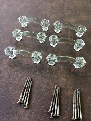 Antique Clear Cut Glass Drawer Pulls Handles - Set Of Six With Bolts
