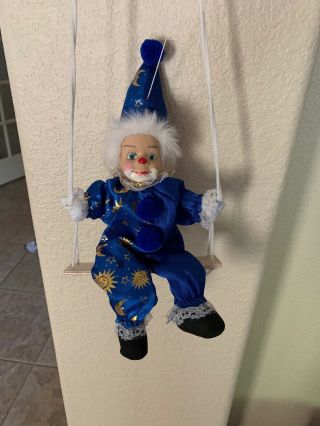 Antique Clown Doll Marionette Puppet On Swing Porcelain Face