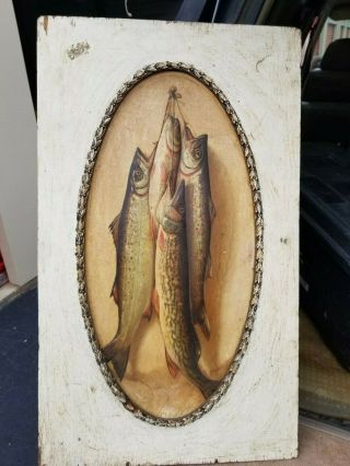 Antique American Folk Art Oil On Board Primitive Painting Textured 3d Trout Nr