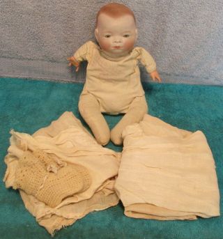 Antique Bye - Lo 11 " Grace Storey Putnam Baby Doll Painted Face Stamped Frog Body