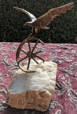 Bold Eagle On Wagon Wheel Curtis Jere Brass Sculpture O Quartz Brutalist Pop Art