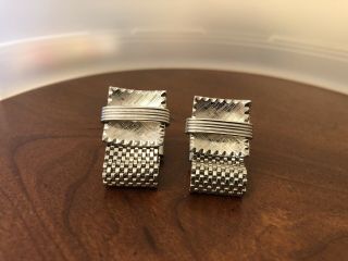 Vintage Silver Tone Square Carved Wrap Around Mesh Cuff Links