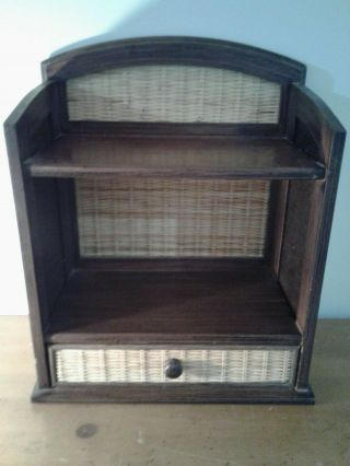 Vintage Wood/wicker Wall Hanging Display Cabinet 2 Shelves And Drawer