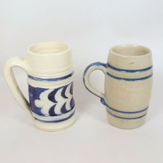2 Antique Stoneware Mugs With Blue Decoration