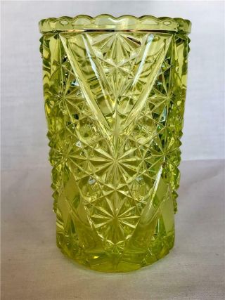 Antique Daisy & Button Chevron Eapg Vaseline Glass Celery Vase Canary Yellow
