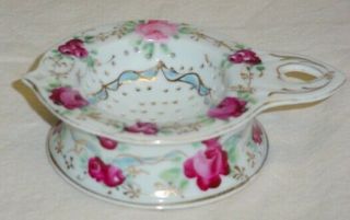 Antique Vintage Porcelain Tea Strainer With Bowl,  Red Roses Gold Accent