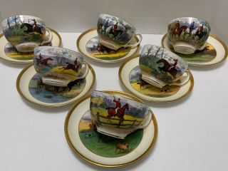 6 Minton Cups & Saucers English Hunting Scenes Gold Trim Signed Je Dean Antique