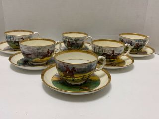 6 Minton Cups & Saucers English Hunting Scenes Gold Trim Signed JE DEAN Antique 2