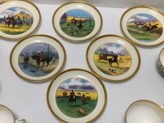6 Minton Cups & Saucers English Hunting Scenes Gold Trim Signed JE DEAN Antique 8