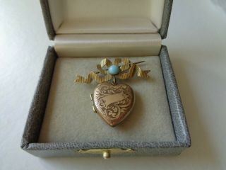 Victorian Antique Rolled Gold & Turquoise Love Heart Locket Pendant Bow Brooch