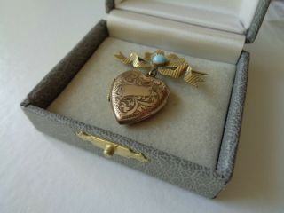 VICTORIAN ANTIQUE ROLLED GOLD & TURQUOISE LOVE HEART LOCKET PENDANT BOW BROOCH 4