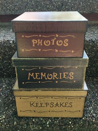 Vintage Style Nesting Keepsakes Cardboard Boxes 3 Pc Set W/ Lids Memories Photos
