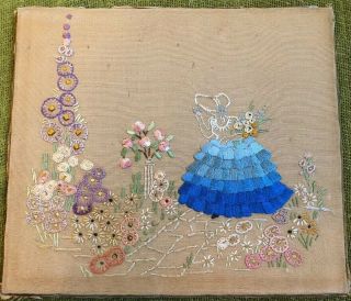 Vintage Crinoline Lady Hand Embroidered Picture