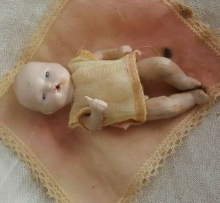 Antique German Bisque Miniature Baby Doll,  4 ",  All Orig Cond.  Marked
