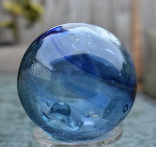 Japanese Glass Fishing Float,  Cobalt Blue Swirls,  3.  58 " Diameter