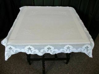 Antique Tablecloth - Hand Crochet Edge & Hand Embroidery