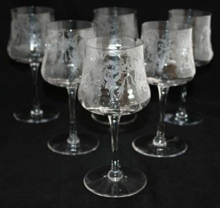 Antique Set 6 Cambridge Glass Etched Marjorie Fuchsia Art Nouveau Wine Goblets