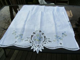 Vintage White Cafe Curtain Panels W/embroidered Blue Rose & Lace 30 " X 25 " Set 4