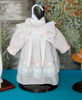 Vintage Doll Pink Dress White Eyelet Pinafore For 18 " Antique W/straw Hat